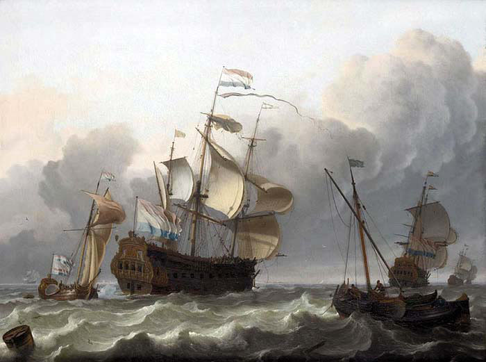 Dutch Flagship with a Yacht Under Her Stern 